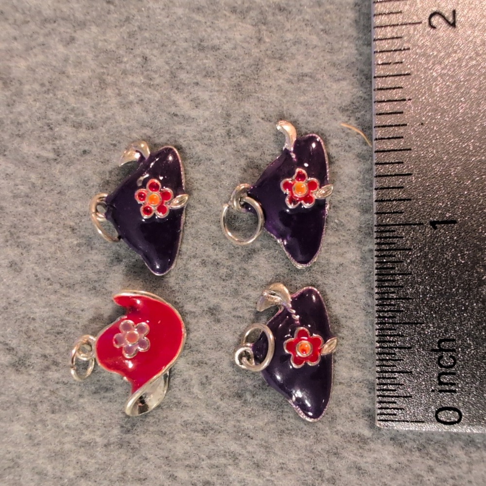 4 Enamel Red/Purple Hat Charms‎ Red Purple Flower Pendant Jewelry - Picture 2 of 2